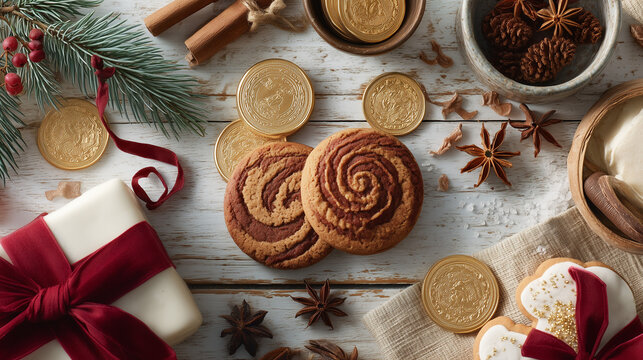 Traditional St. Nicholas Day Celebration Table with Cookies, Chocolate Coins, Spices, and Festive Wrapped Gifts for Holiday Joy and Family Gathering
