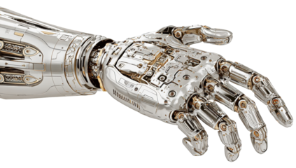 Close-up of a metallic robotic arm and hand