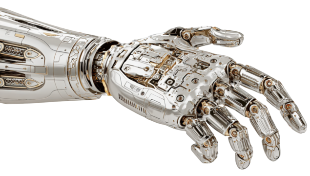 Close-up of a metallic robotic arm and hand