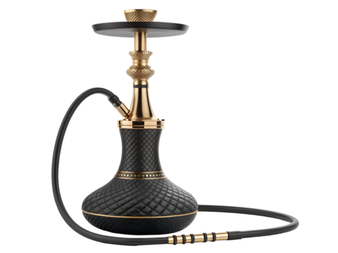 Black and Gold Luxury Hookah with Tall Elegant Stem and Black Hose Isolated on a Transparent Background 1