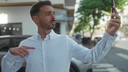 Man in white shirt holds smartphone for selfie while speaking on busy street in city; digital connection. - Powered by Adobe