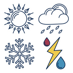 Weather Symbols: A set of essential weather icons, rendered in a clean, flat design. These icons convey the elements of sun, cloud, rain, snow and storm 