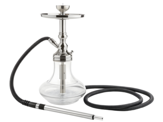 Chrome and Clear Glass Shisha Water Pipe with Black Hose and Metal Stem Isolated on a transparent background