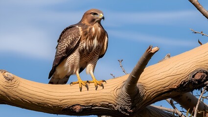 A detailed close-up of a hawk resting on a tree branch, showcasing its powerful beak and feathers