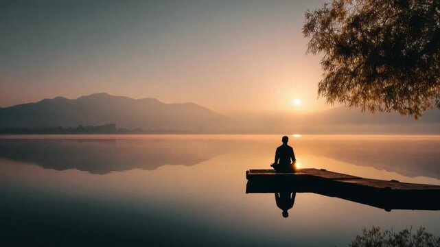 Solitude Serenity: A lone figure finds inner peace through meditation, silhouetted against a tranquil lake at the break of dawn. Reflecting on life's balance.