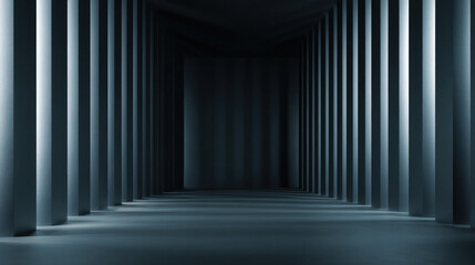 An abstract dark room with vertical pillars forming a geometric pattern, showcasing minimalist and modern architectural design.