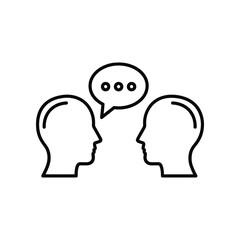 Dialogue icon: Minimalist illustration of two silhouetted heads engaged in a conversation, symbolizing communication, sharing thoughts, and ideas.