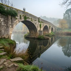 Fototapeta premium Ancient stone arches of an old English bridge reflect in the calm river under a summer sky