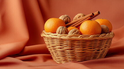 Traditional St. Nicholas Day Basket with Fresh Oranges, Walnuts and Cinnamon Sticks Symbolizing Holiday Gift Customs and Festive Celebrations