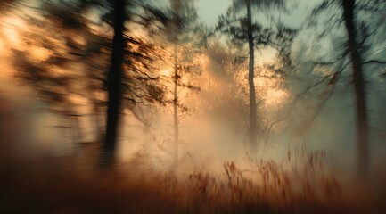 Misty forest at sunrise, motion blur