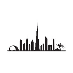 Naklejka premium Bold black Dubai skyline logo ideal for travel agencies and real estate firms A sleek identity featuring iconic city elements silhouette vector flat illustration design on white background