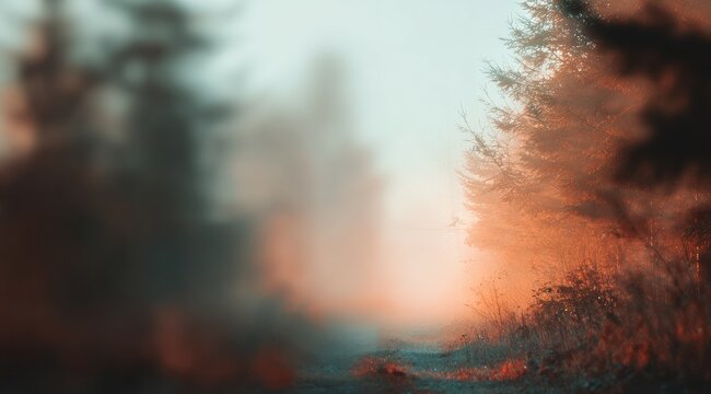 Misty forest path at dawn.  Soft, warm light