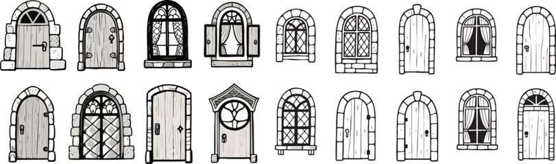Charming collection of hand-drawn fantasy doors and windows, perfect for storybook illustrations or game design