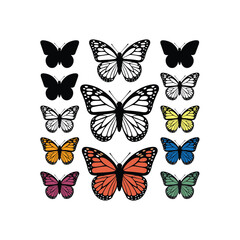 Butterfly Vector Collection – Black Silhouette, Line Art and Colorful Butterflies Set Illustration