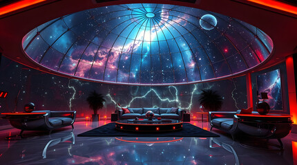 Futuristic luxury living room with panoramic cosmic view