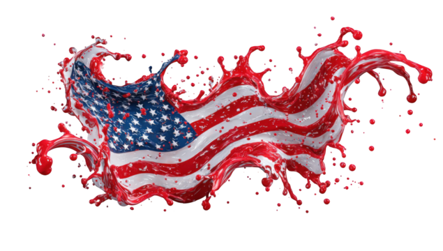Abstract American flag design with vibrant red paint splashes
