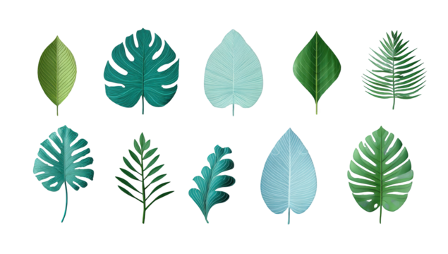 Collection of stylized tropical leaves in various shades of teal and green