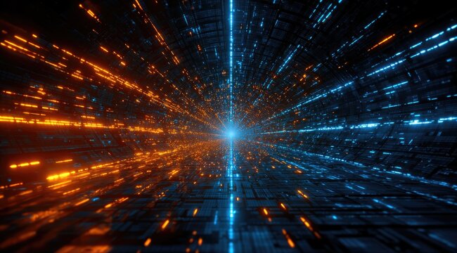 A futuristic tunnel,  orange and blue light streaks