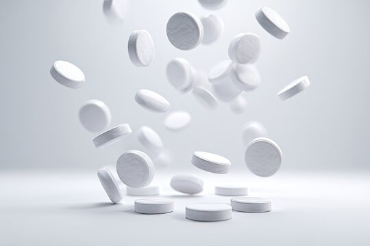 White pills falling in a studio setting