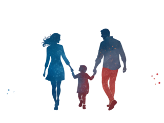 Watercolor Silhouette of Family Walking Holding Hands Blue Red Galaxy Night isolated on a transparent background