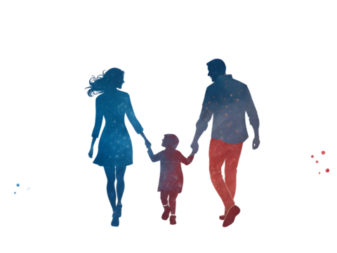 Watercolor Silhouette of Family Walking Holding Hands Blue Red Galaxy Night isolated on a transparent background