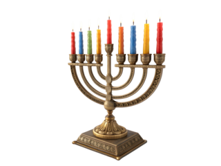 Ornate Brass Menorah with Burning Multicolored Candles Festive Hanukkah Symbol Traditional Jewish Holiday Decoration isolated on a transparent background