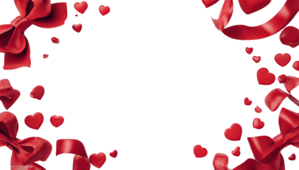 Red bows, ribbons, and hearts on black background