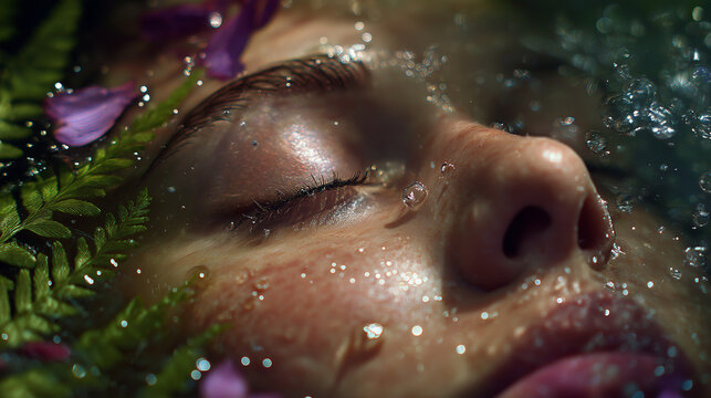 Full HD, detailed shot of a calm face in clear water, with eyes gently closed, framed by delicate aquatic ferns and a few scattered purple petals. The bright overhead lighting penetrates the water, re
