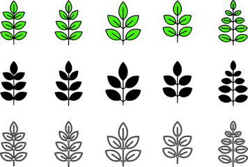 Collection of various leaf icons in green, black and gray colors.