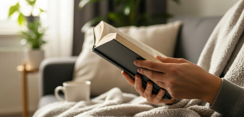 Person reading a book on a sofa with a blanket and a drink, creating a warm indoor moment of relaxation, comfort, and everyday lifestyle leisure at home.