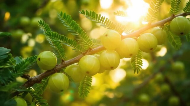 Amla fruit branch with green berries natural health and beauty