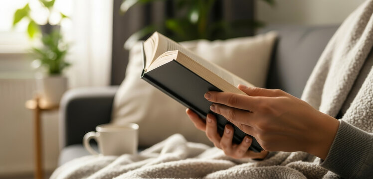 Person reading a book on a sofa with a blanket and a drink, creating a warm indoor moment of relaxation, comfort, and everyday lifestyle leisure at home.