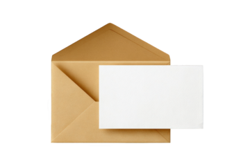 Open beige envelope with blank white card inside