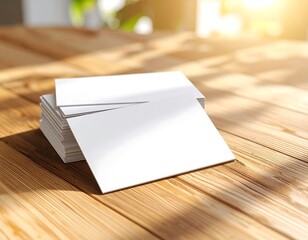 Blank business cards on wooden table