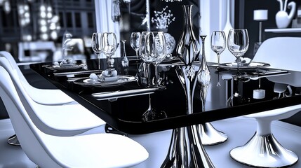 Modern dining table with reflective surface, elegant glassware, and white tulip chairs