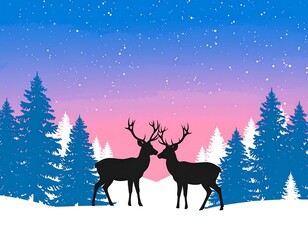 Two deer face each other in snowy winter forest at twilight