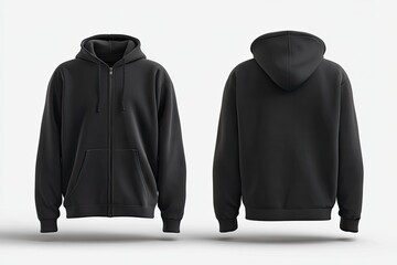 Blank black zip-up hoodie, front and back views (2)