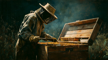 beekeeper, extracting honey from wooden frame in apiary