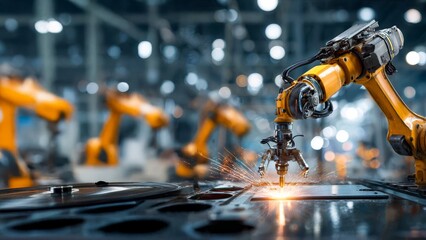 工場で金属を溶接する産業用ロボットアーム