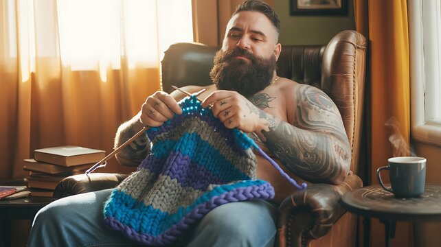Tattooed bearded man knitting in cozy room, conveying relaxation, creativity and breaking stereotypes.