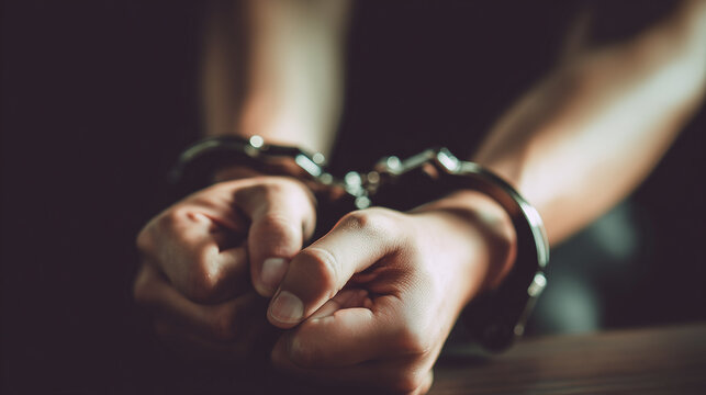 Close-up of restrained hands in handcuffs on a dark background, concept of arrest, imprisonment, or loss of freedom