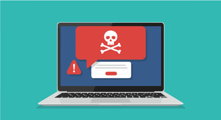 Laptop screen showing a skull and crossbones icon in a red speech bubble, indicating a virus or malware warning.