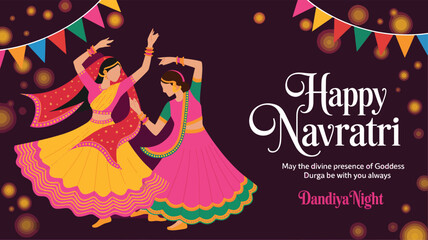 Happy Navratri illustration with dancing women in colorful attire, festive pennant banners, and “Dandiya Night” greeting on yellow background