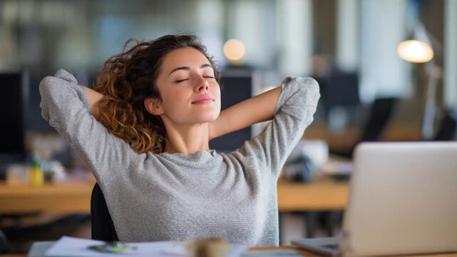 Contented Break at Workplace: A young woman, radiating serenity, takes a moment of respite at her workplace, her eyes closed in peaceful contemplation amidst a dynamic office setting.