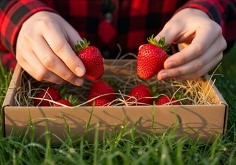 Hands placing fresh red strawberries into a straw filled cardboard box on green grass