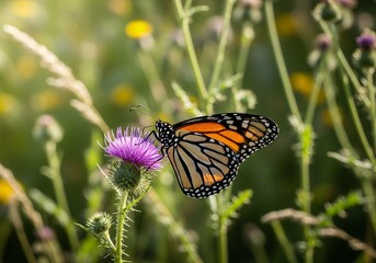 Fototapeta premium Monarch butterfly rests on a vibrant purple thistle flower in soft sunlight