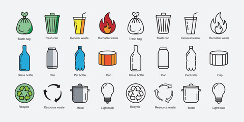 Simple Line Icons Representing Different Types of Waste and Recycling