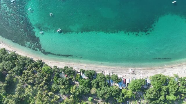 Idyllic Tropical Beach from Above: Turquoise Waters, Sandy Shoreline, Green Palms, and Traditional Boats in a Serene Coastal Paradise