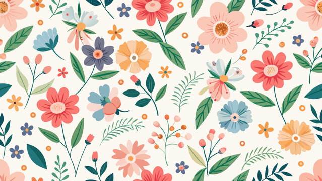 Vector art of seamless floral pattern with cute flowers and leaves, perfect for textile, fabric, print, wallpaper, wrapping paper and scrapbook