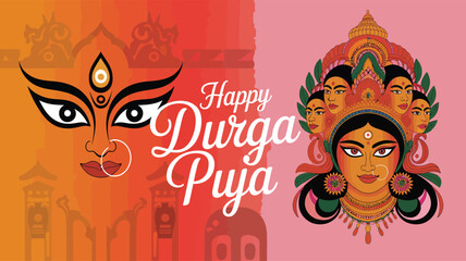 Happy Durga Puja illustration with stylized goddess eyes, temple silhouettes, and vibrant multi-faced Durga on orange-pink festive background